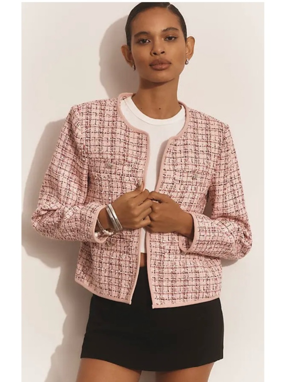 Anthropologie Tweed Collarless Open Front Blazer Jacket Preppy Academia Pink XL